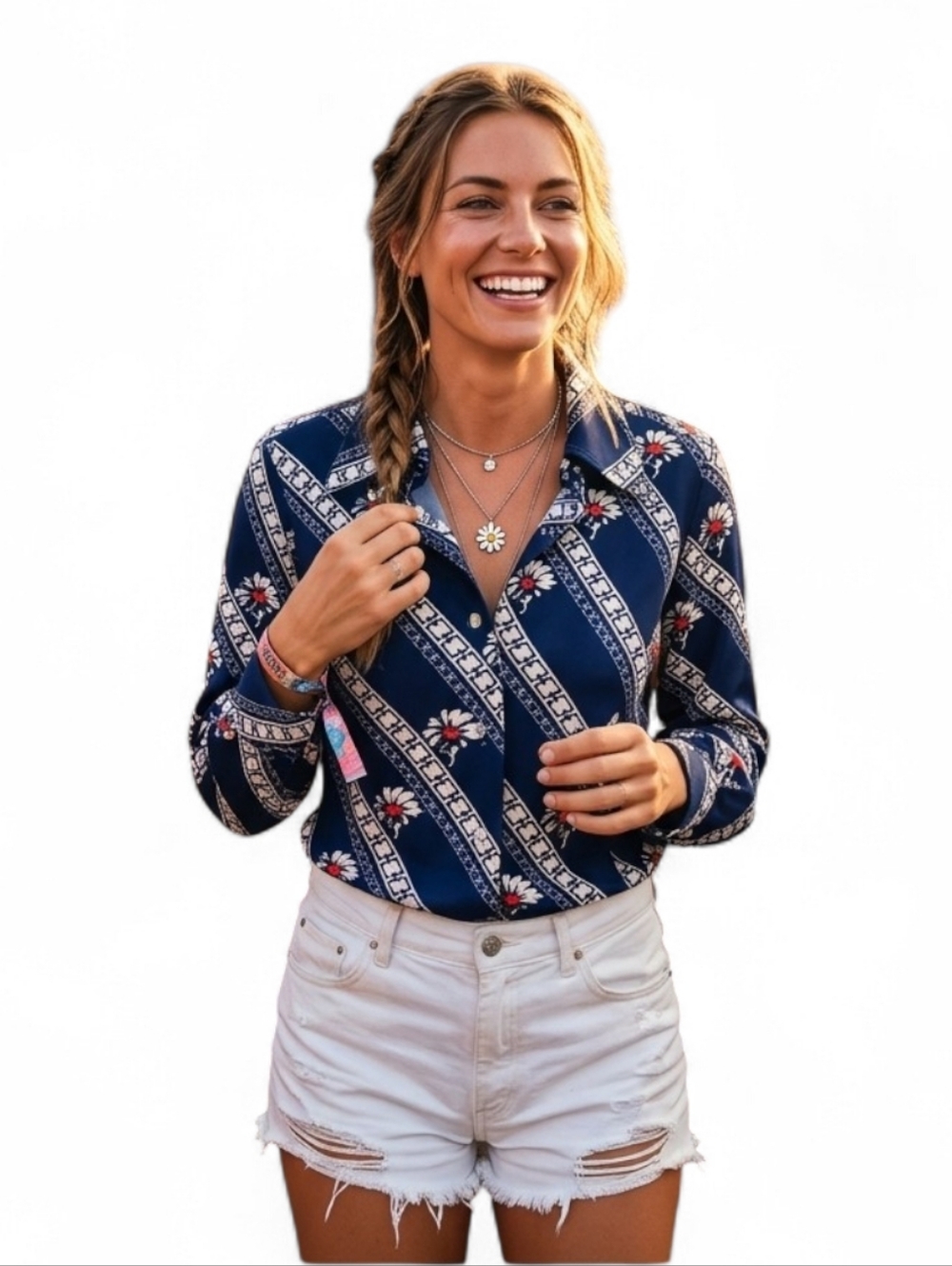 Vintage Retro Dagger Collar Groovy Boho 70's Navy Daisy Geometric Blouse